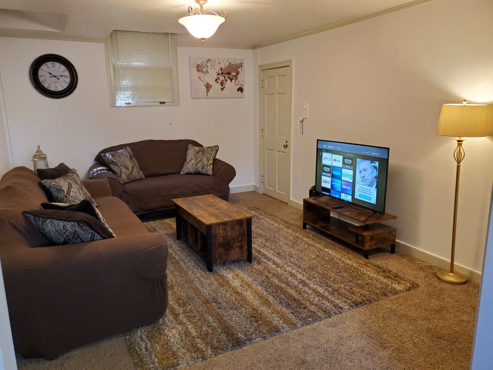 Living Room w/sofa, two closets, loveseat and Roku TV