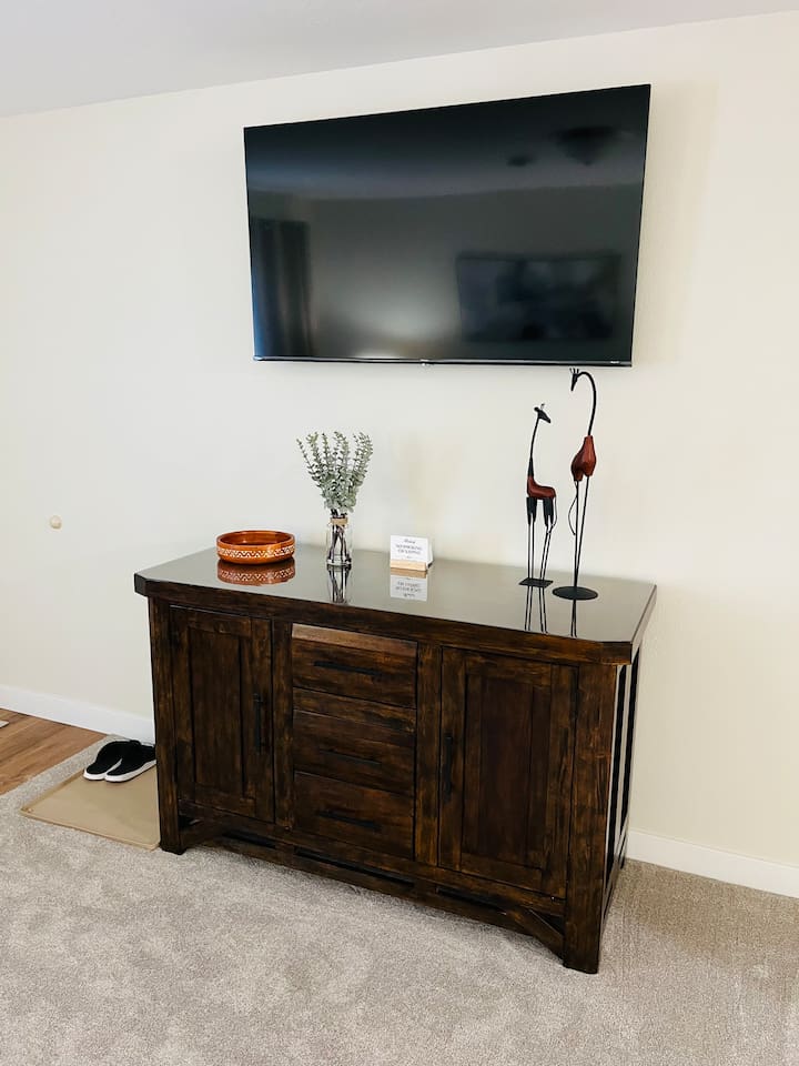 Smart TV. In the cabinet are all sorts of games and reading material.