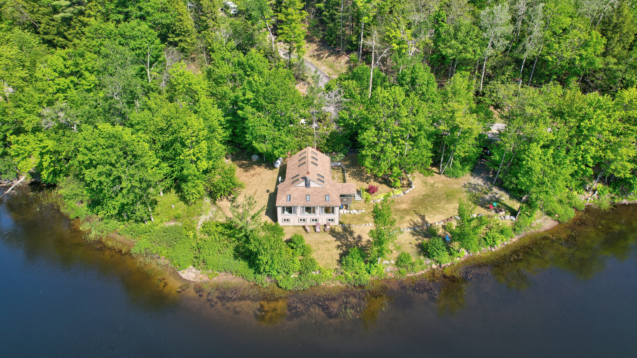 Aerial view from the property starring house and local loon