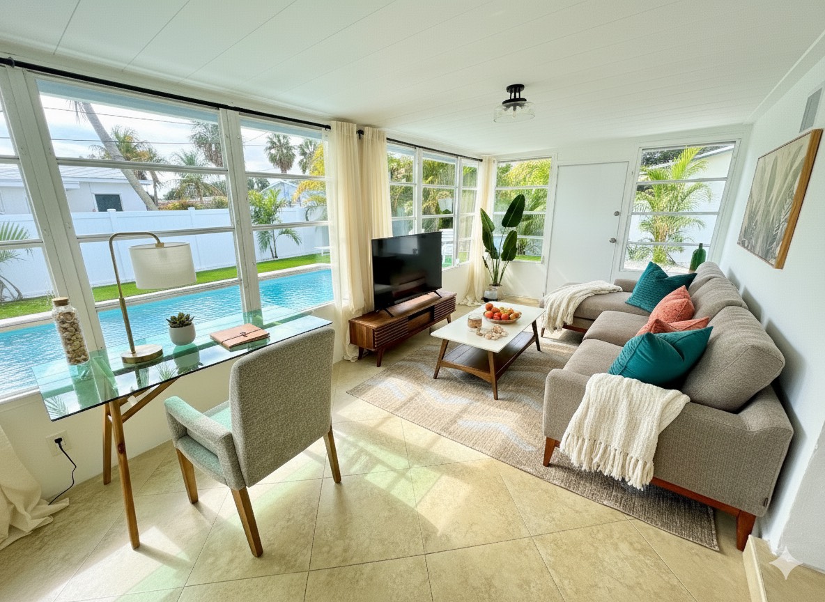 Bright Florida Room with wraparound windows, cozy seating, a TV, and a stylish glass desk overlooking the heated saltwater pool — perfect for relaxing or remote work.
