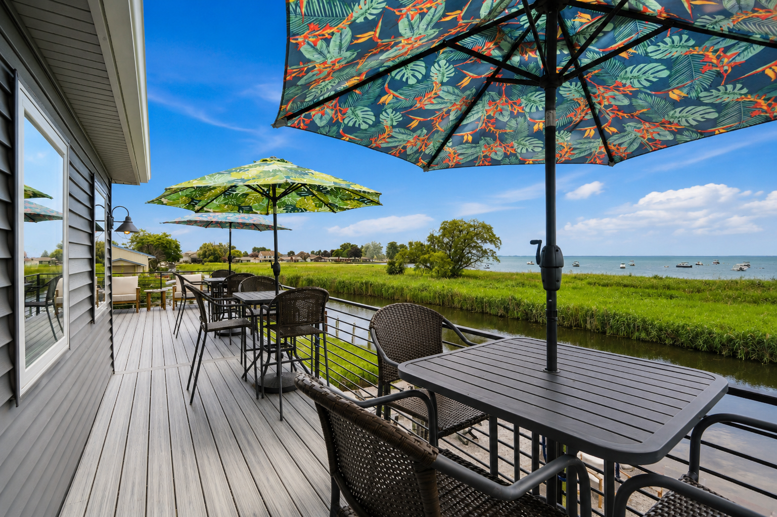 Take in breathtaking views of Lake St. Clair from the spacious upper deck. Sip your morning coffee, enjoy waterfront dining, or unwind with a sunset drink while overlooking the peaceful canal and lake beyond.