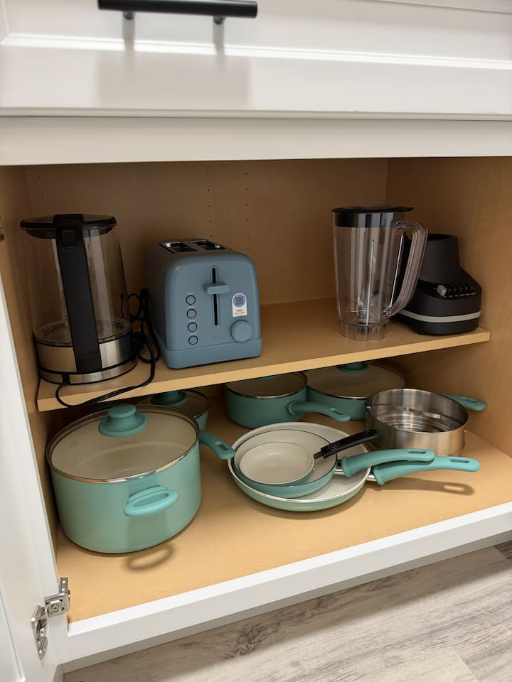 hot water kettle, toaster, mixer, pots & pans