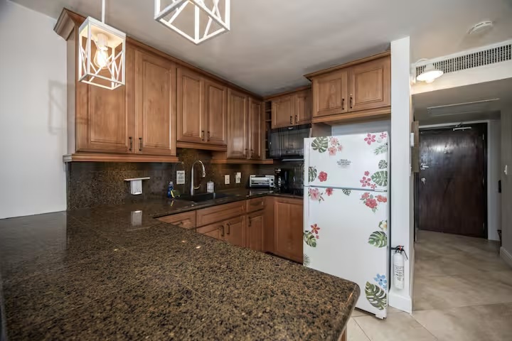 Large counter space gives indoor dining space when desired