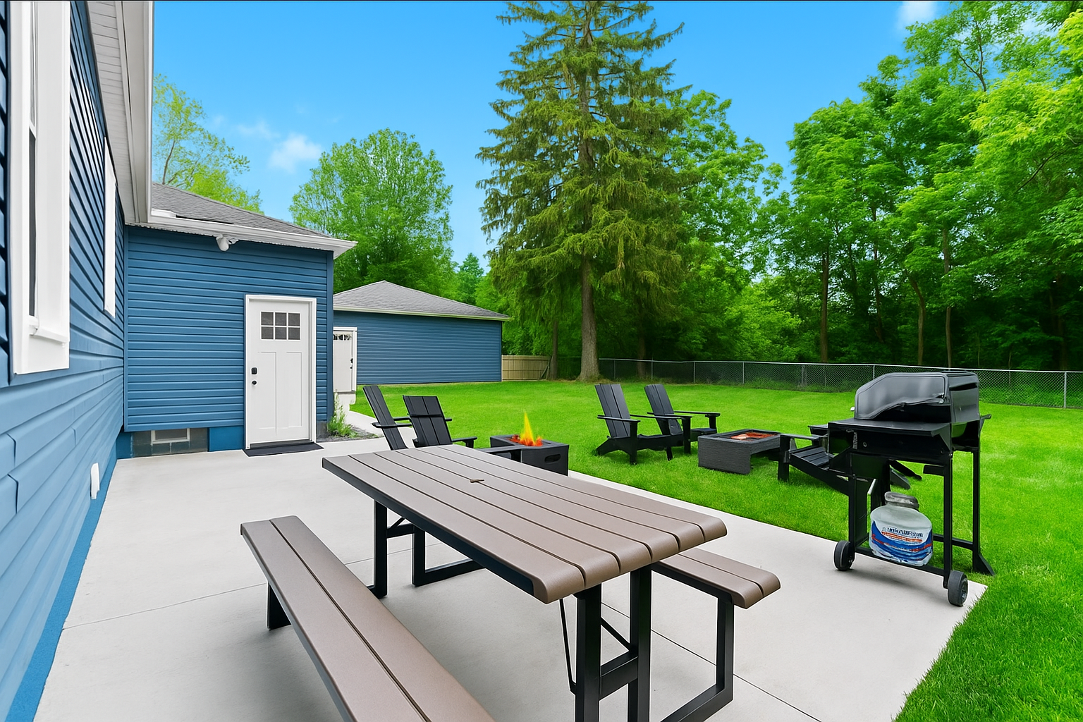 Fire up the BBQ and enjoy outdoor meals at the picnic table—perfect for sunny afternoons and evening gatherings.