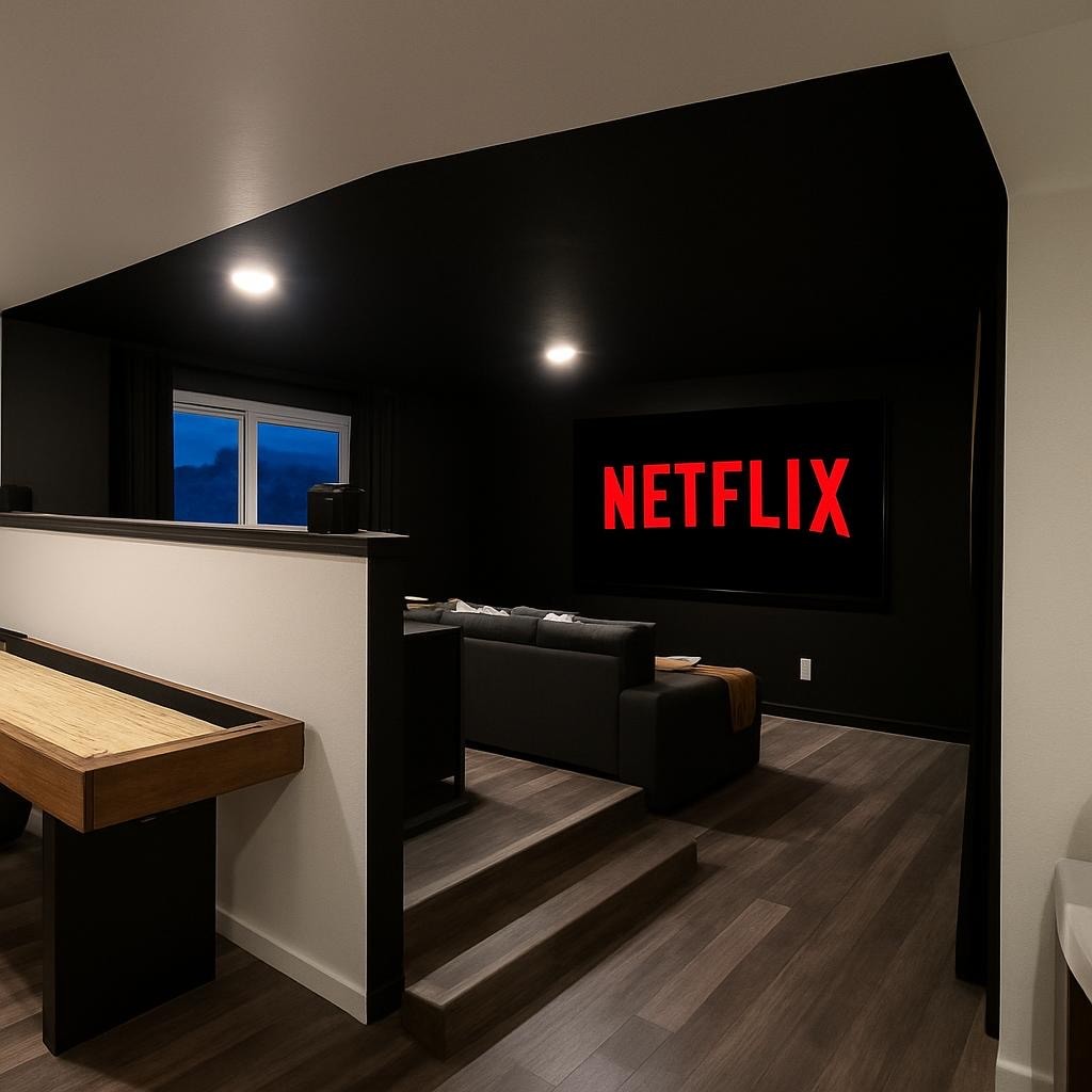 *JUST ADDED: Movie area with multi-level seating, two large couches and an 86” TV with Sonos surround sound