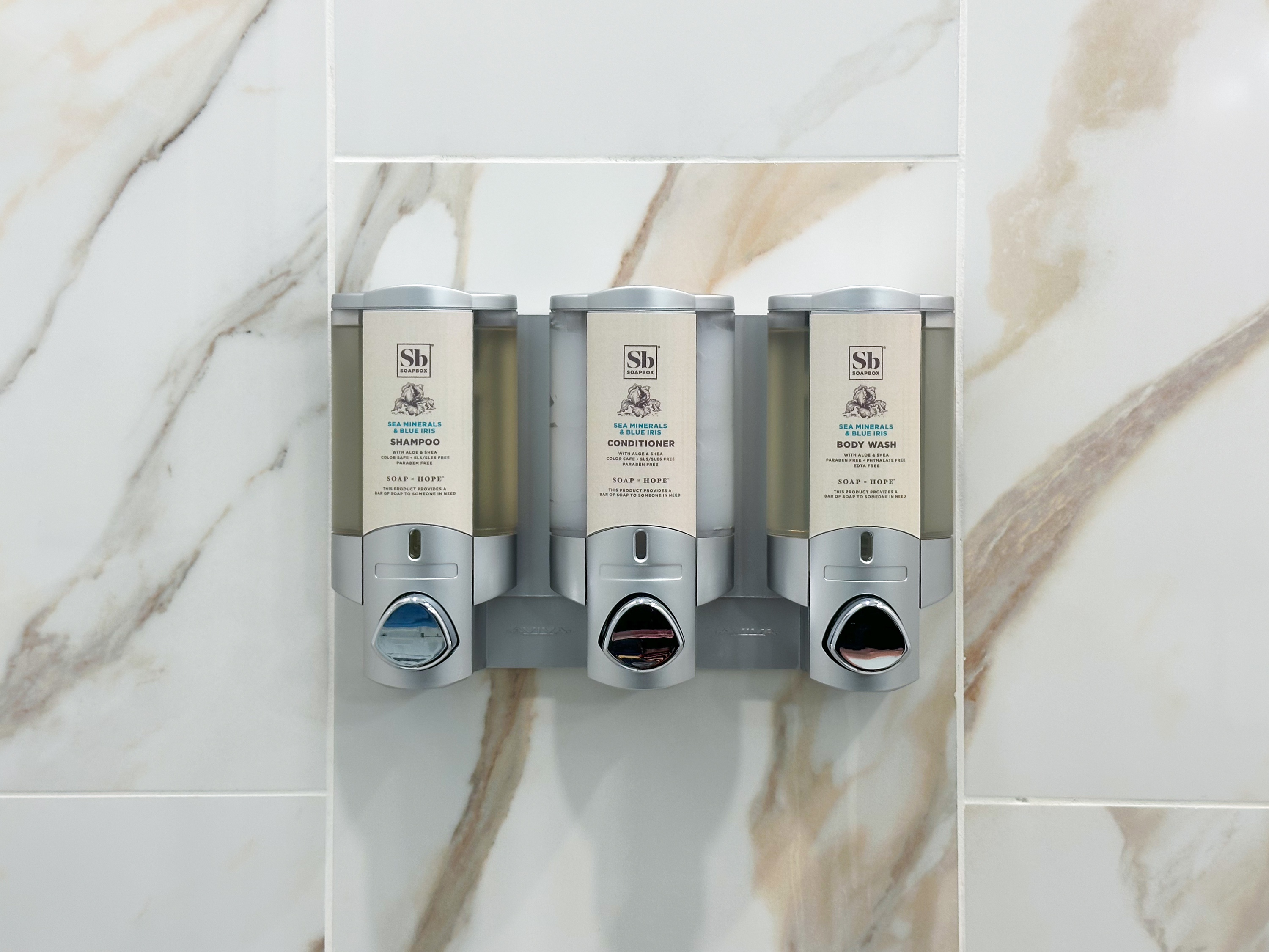 We stock premium soaps in convenient wall-mounted containers.