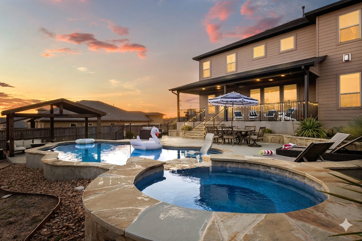 Relax in the private pool and spa with stunning sunset views—your perfect evening retreat 