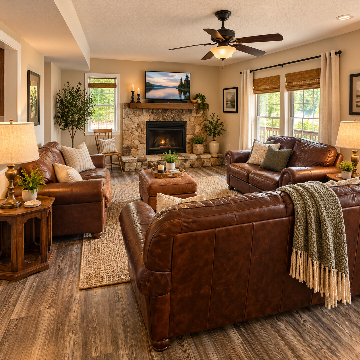 Spacious living open living room with water views