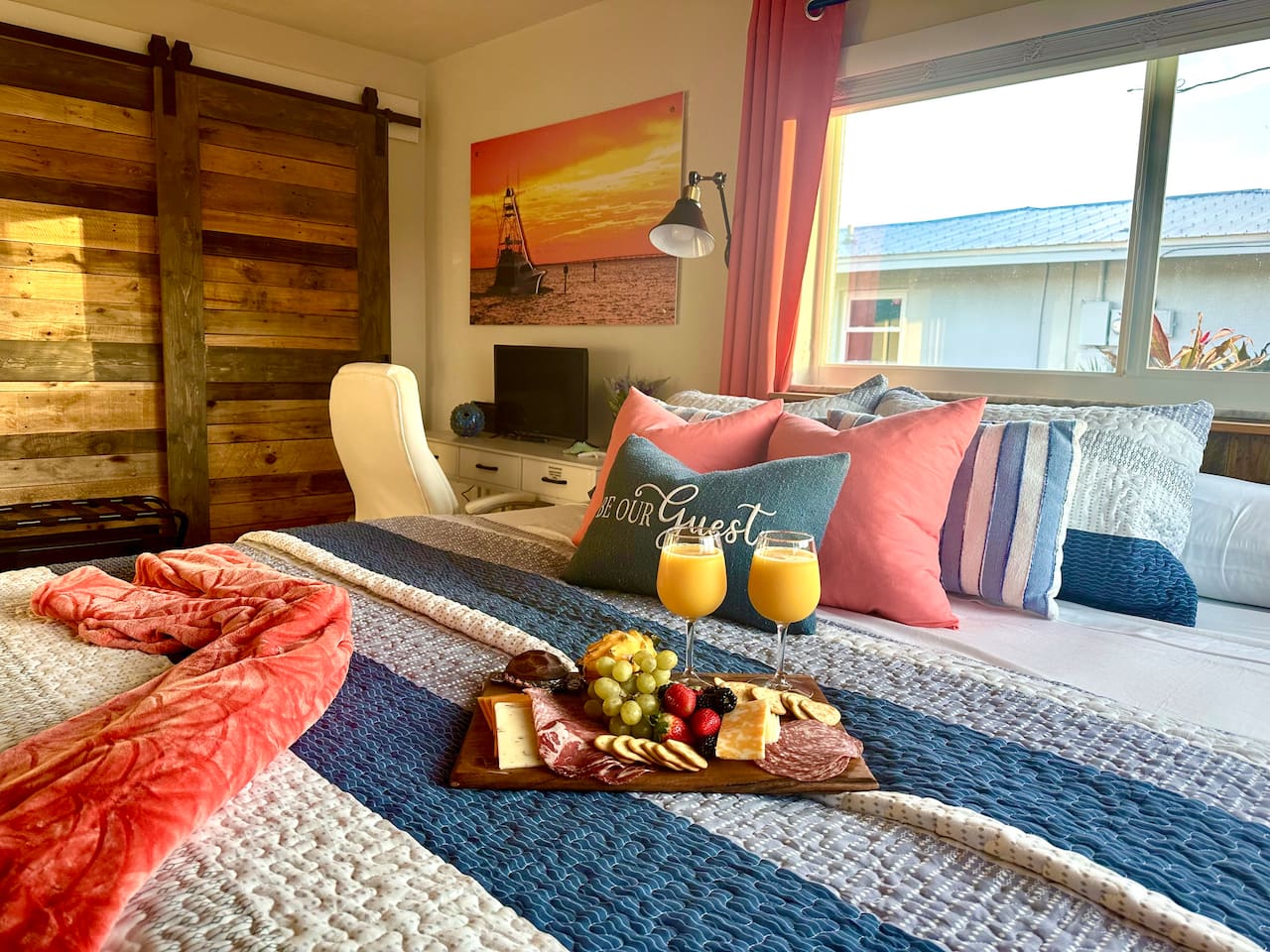 The Sunset room with King bed, workspace with printer, Nintendo Switch