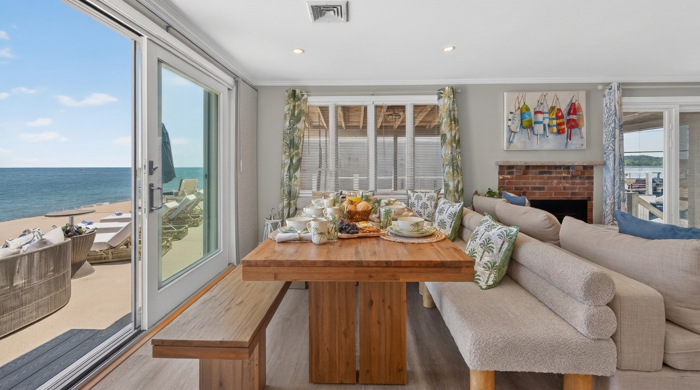 Share meals in a bright, inviting space with comfortable seating and coastal touches.
