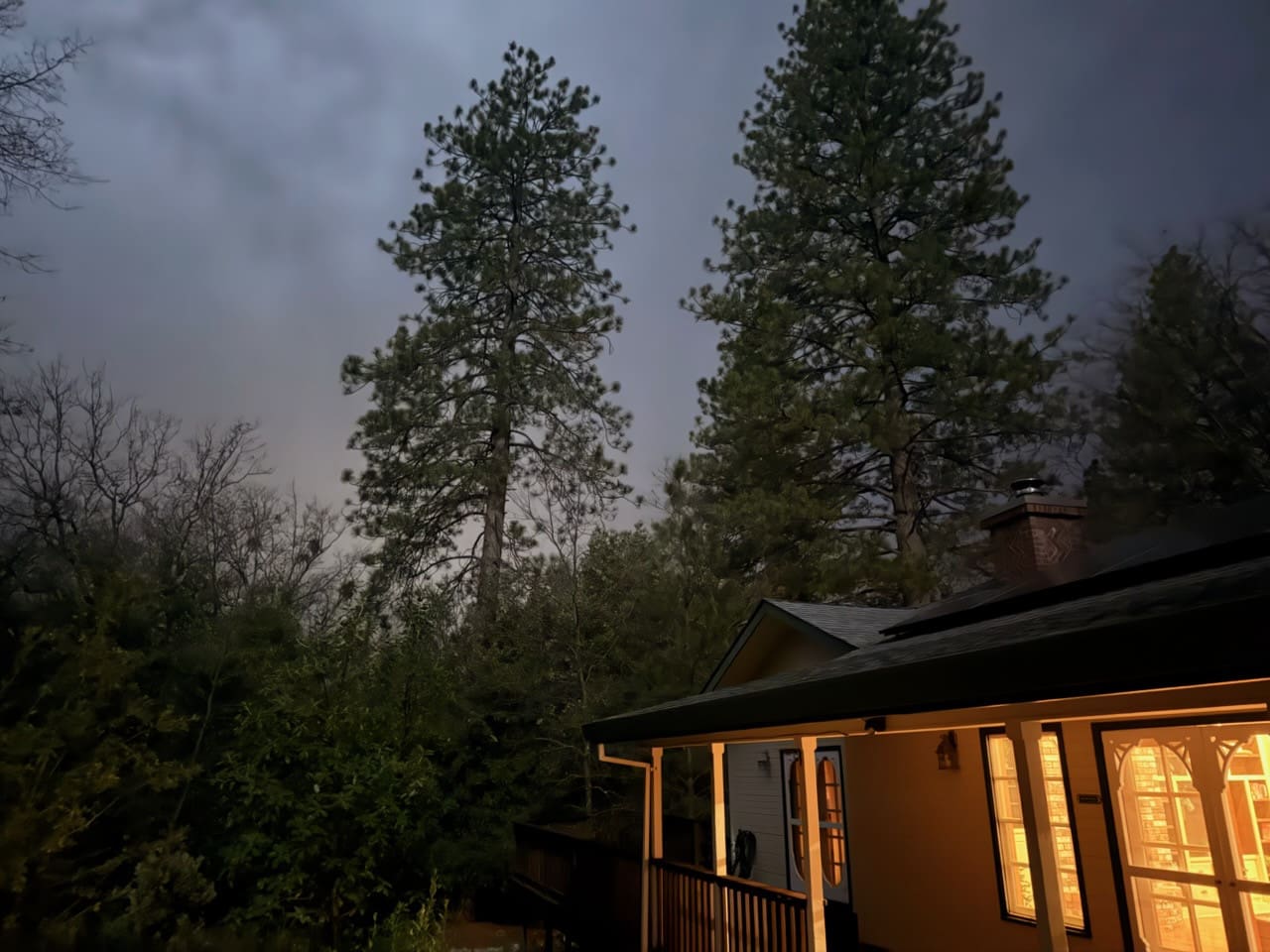 Cabin exterior at night with glowing windows, tall trees, and a peaceful wooded setting.
