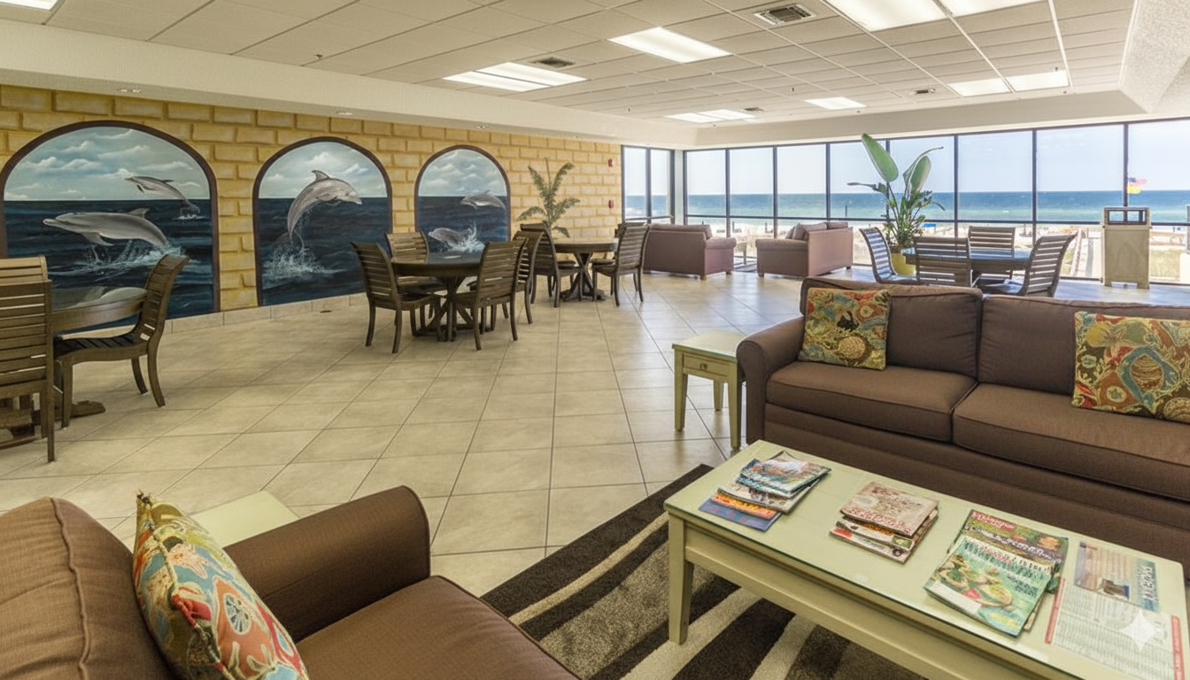 Step into the inviting lobby of Phoenix V, where ample comfortable seating awaits. Relax and take in the breathtaking panoramic views of the Gulf of Mexico through expansive windows – the perf