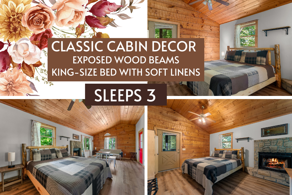 Cozy up in soft linens under exposed beams—sleeps 3 comfortably.