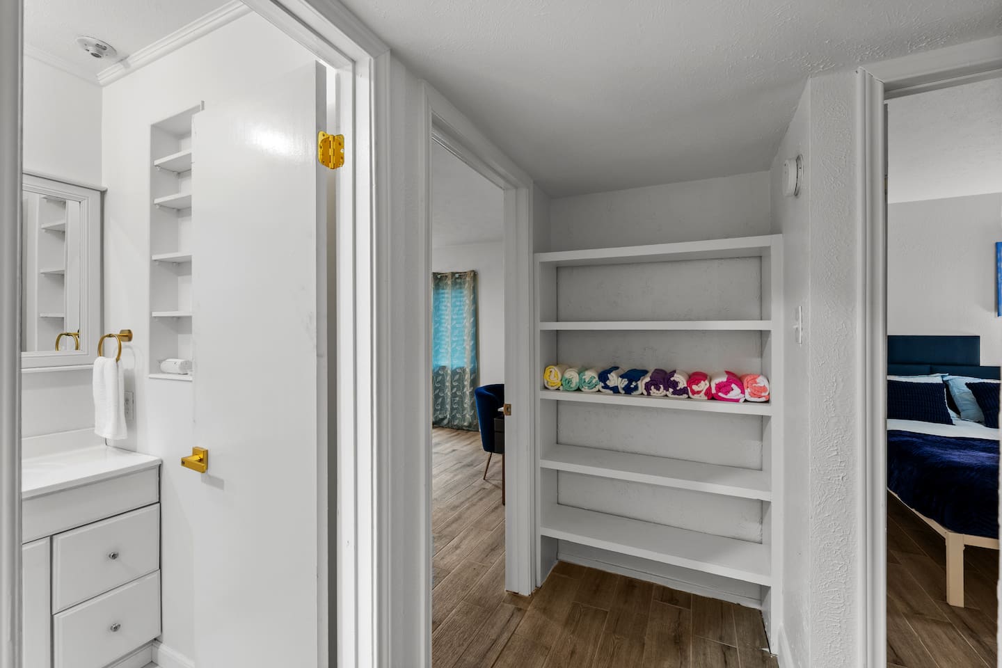 Ample storage with shelving and space to unpack and settle in.