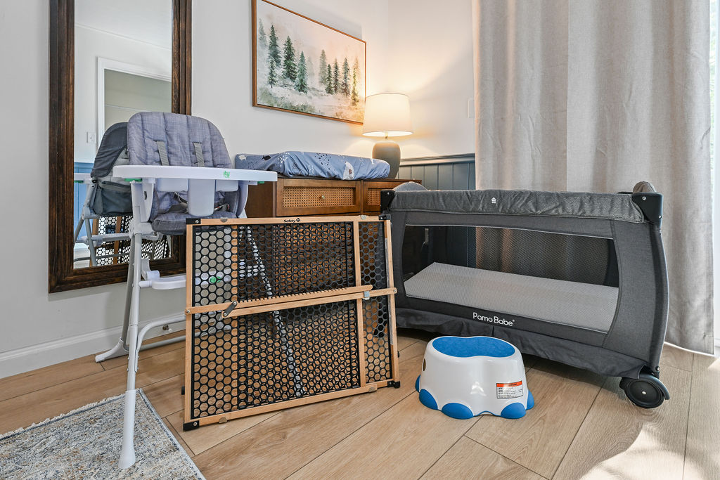 Pack-n-play, high chair, changing pad, stool, and baby gate provided