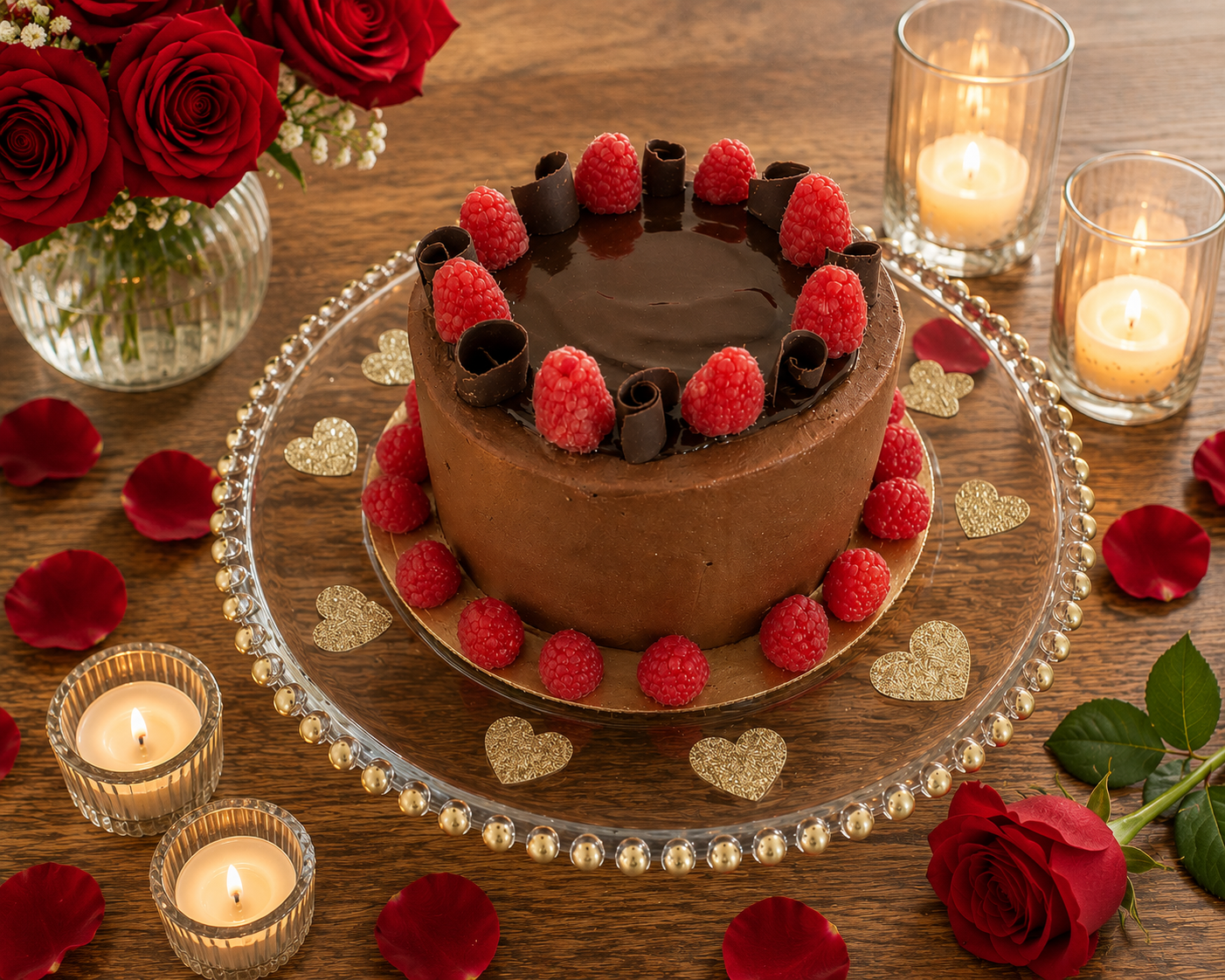 Chocolate raspberry celebration cake with roses and candlelight
