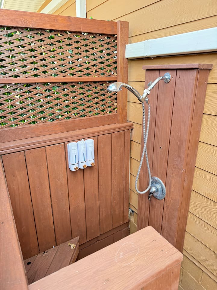 Private outdoor shower with hot water available April thru October.