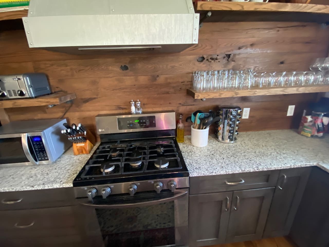 Gas stove, toaster and microwave.