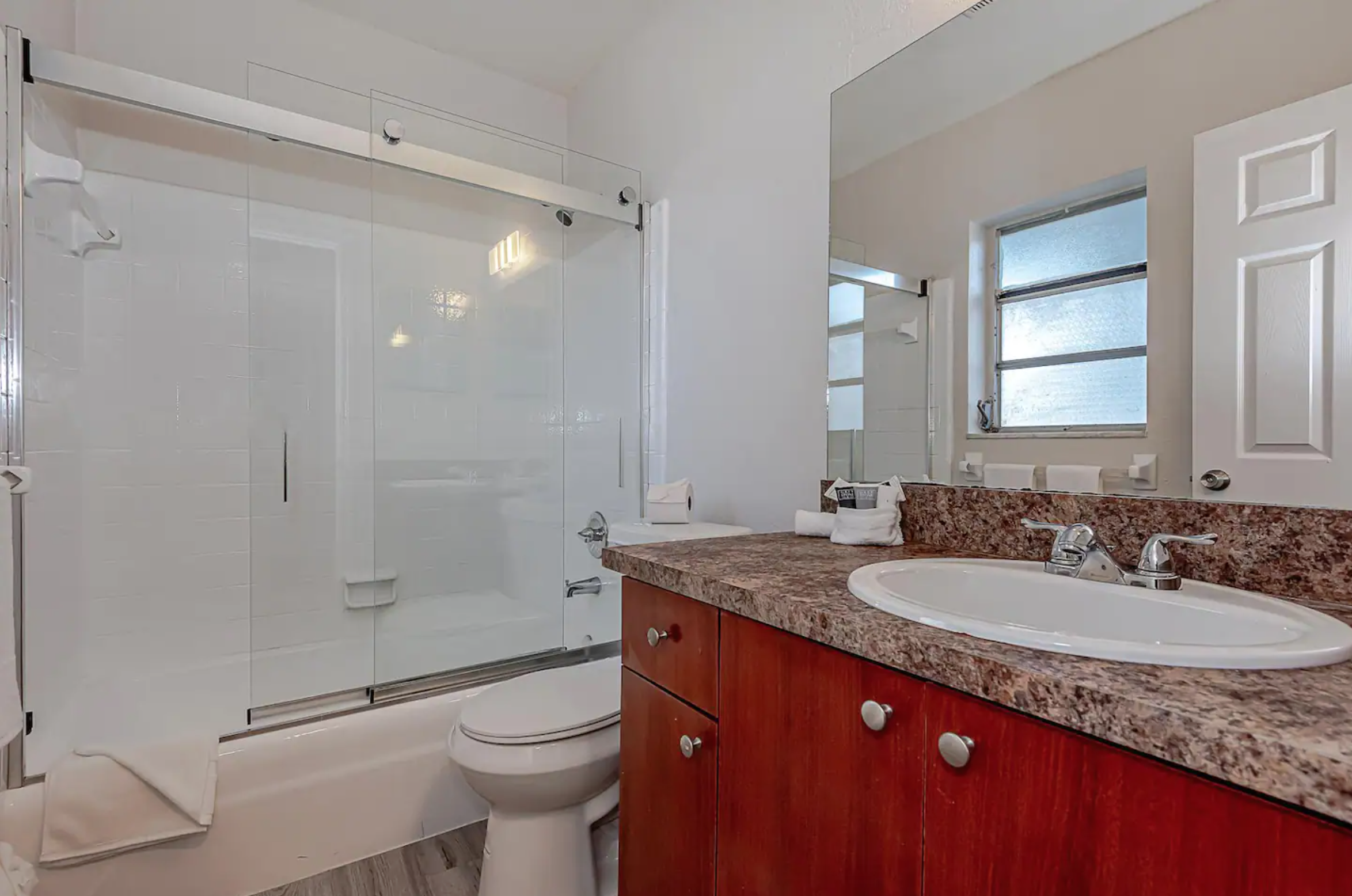 Bathroom with tub/shower.