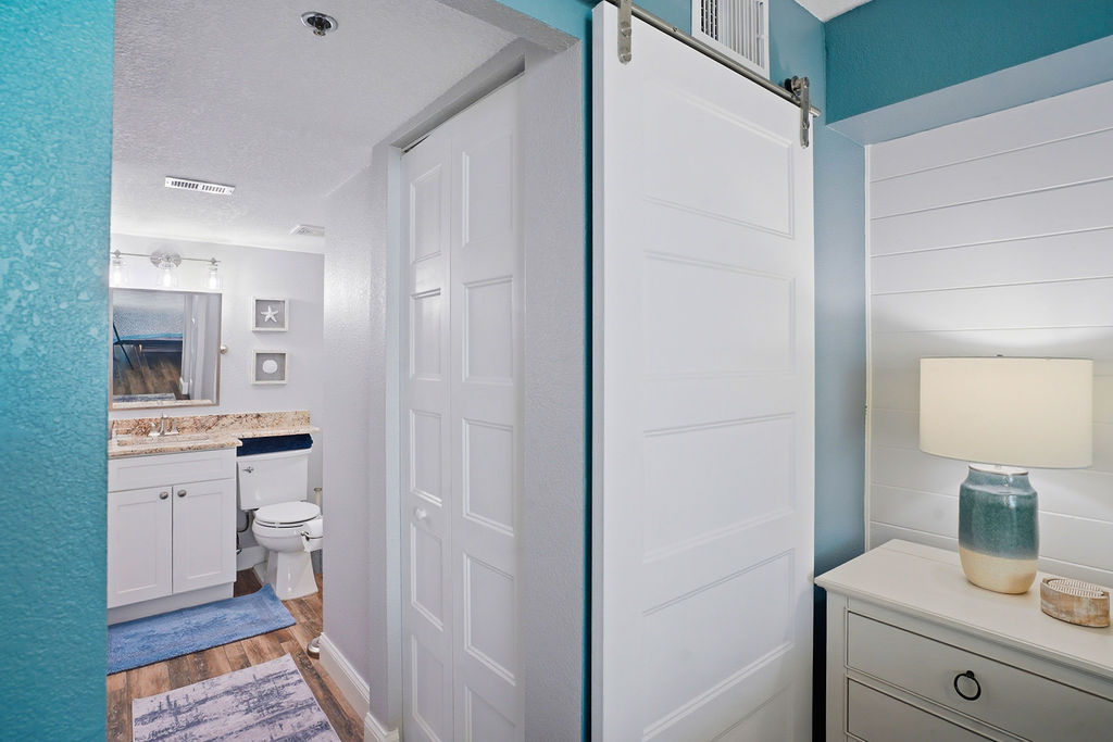 Convenient hallway access to a clean, updated full bathroom.