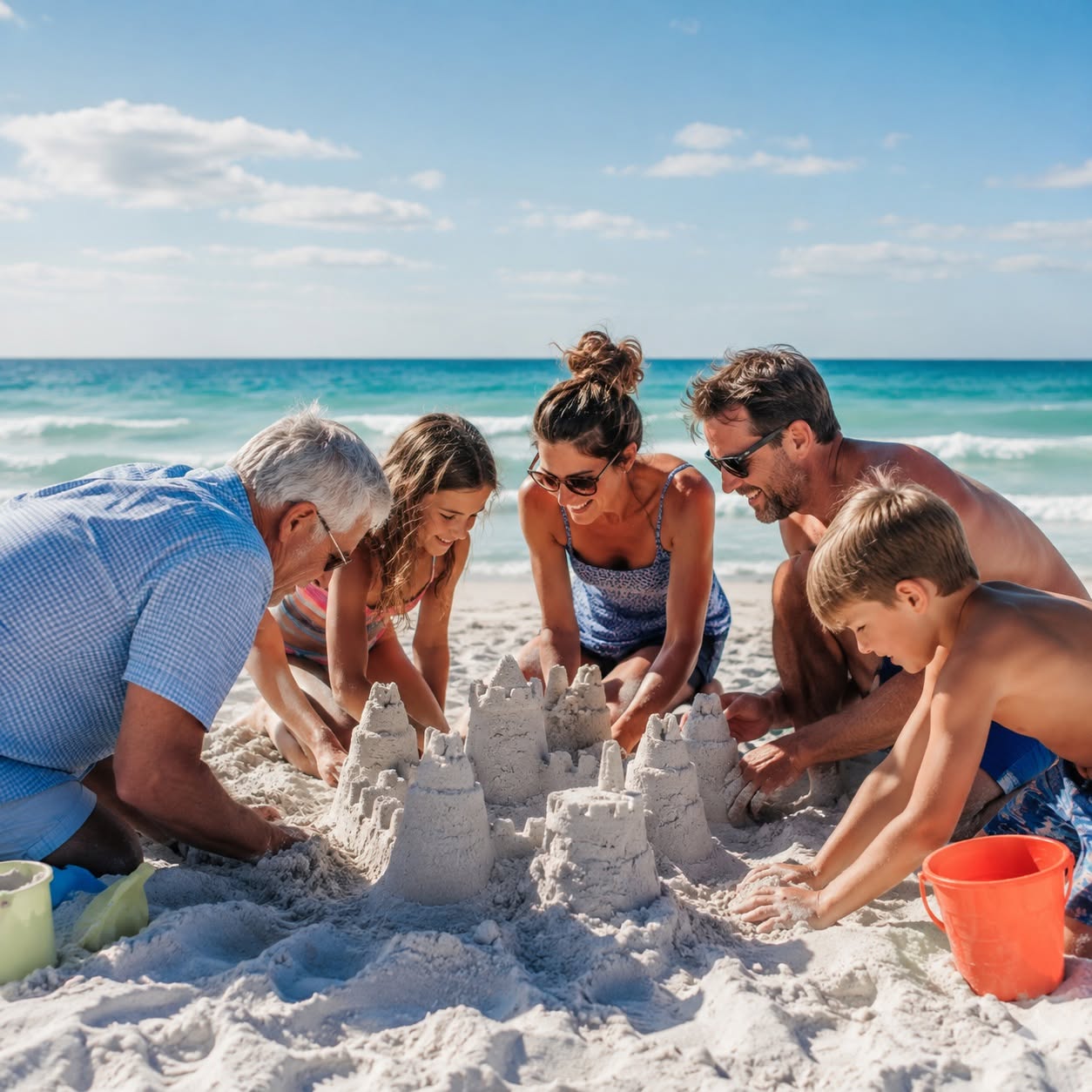AI-created sandcastle and family beach illustration. Enjoy Panama City Beach outings separately from the private amenities at the house.