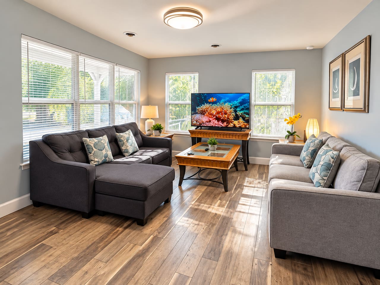 Living Room: Bright and airy space with stylish seating, perfect for relaxing after beach adventures!