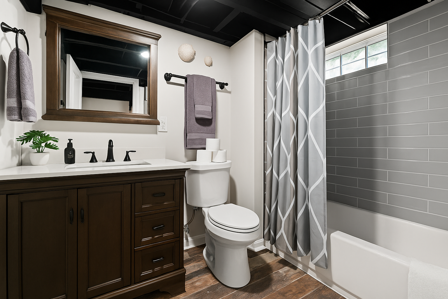 Stylish lower-level bathroom with modern finishes, full tub/shower combo, and all the essentials.