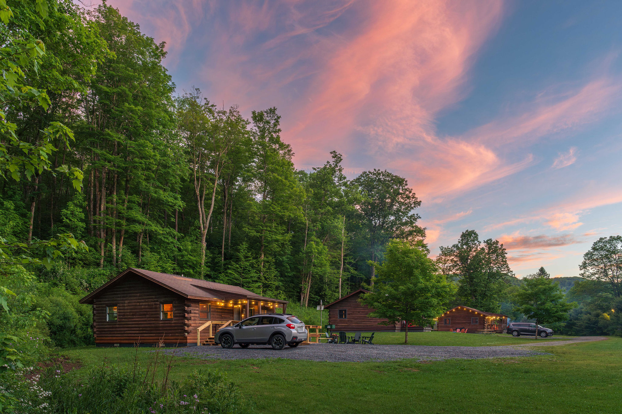 🌅 Sunset over the cabins — Denton Hill at its finest.