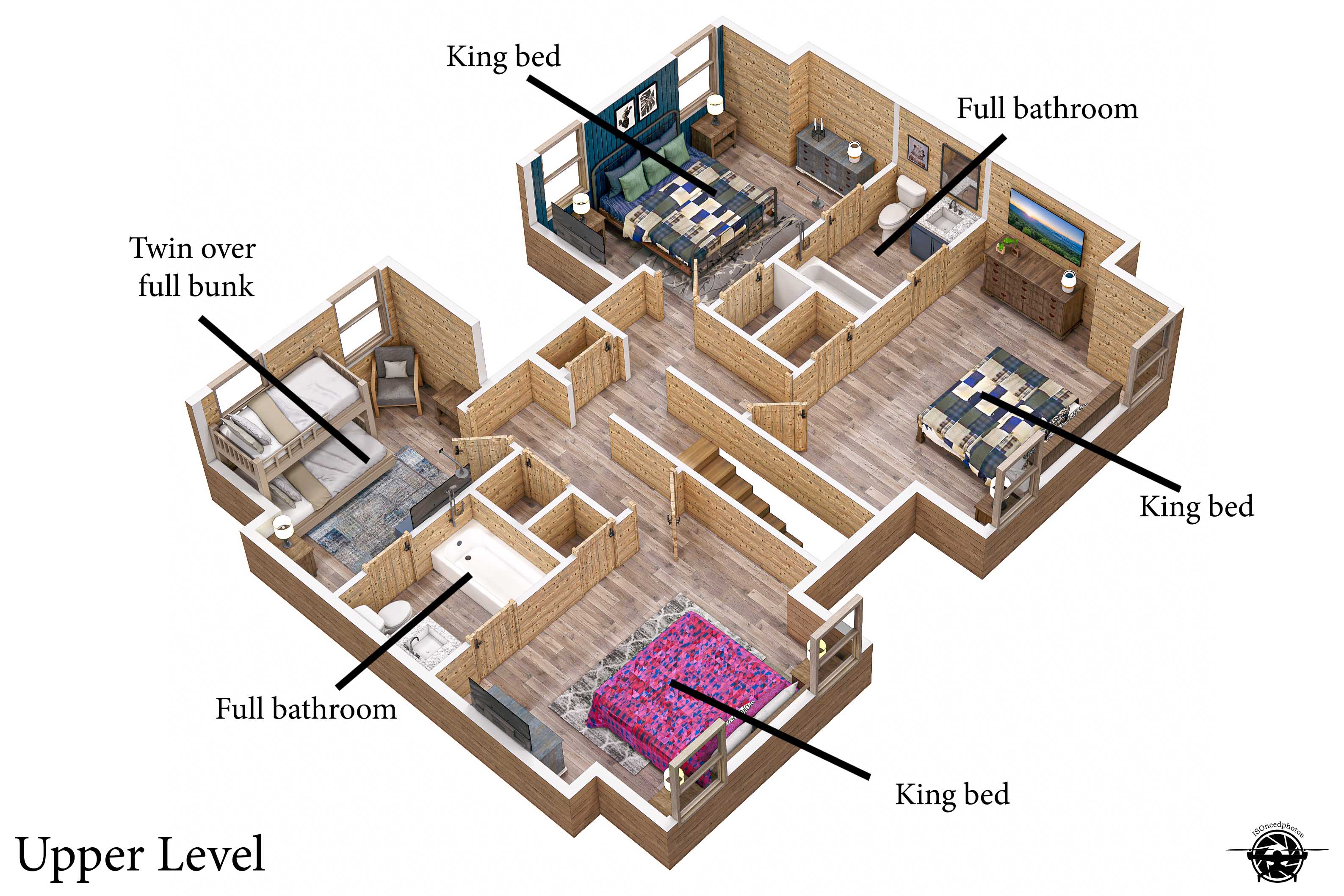The upper level with four bedrooms and 2 full bathrooms