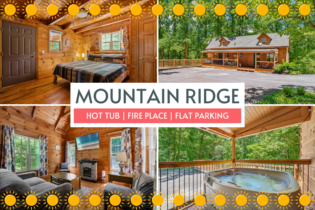 Mountain Ridge offers a cozy stay with a fireplace, hot tub, and flat parking—ideal for family trips.