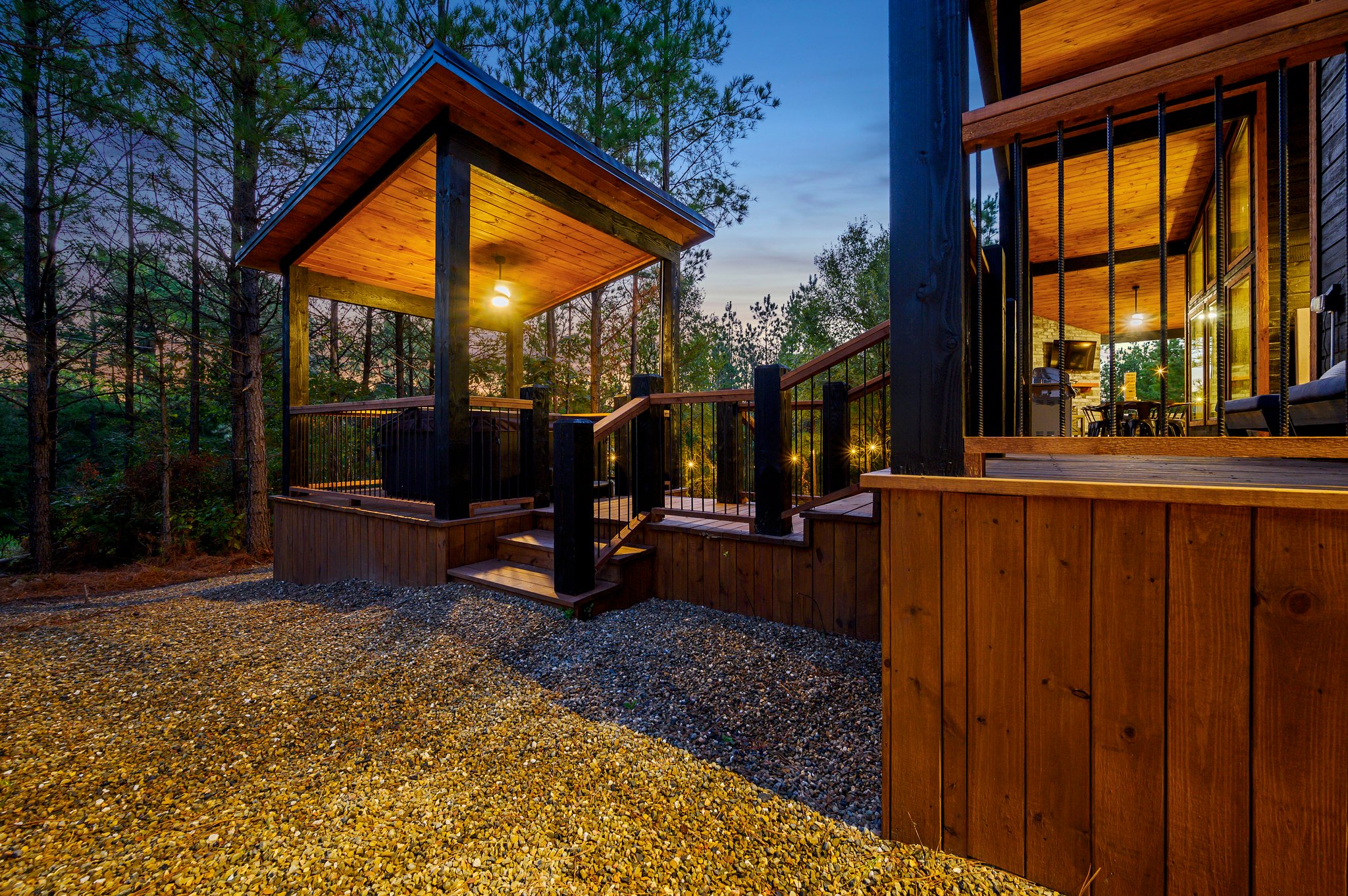 Golden hour glow at your private, modern forest sanctuary.