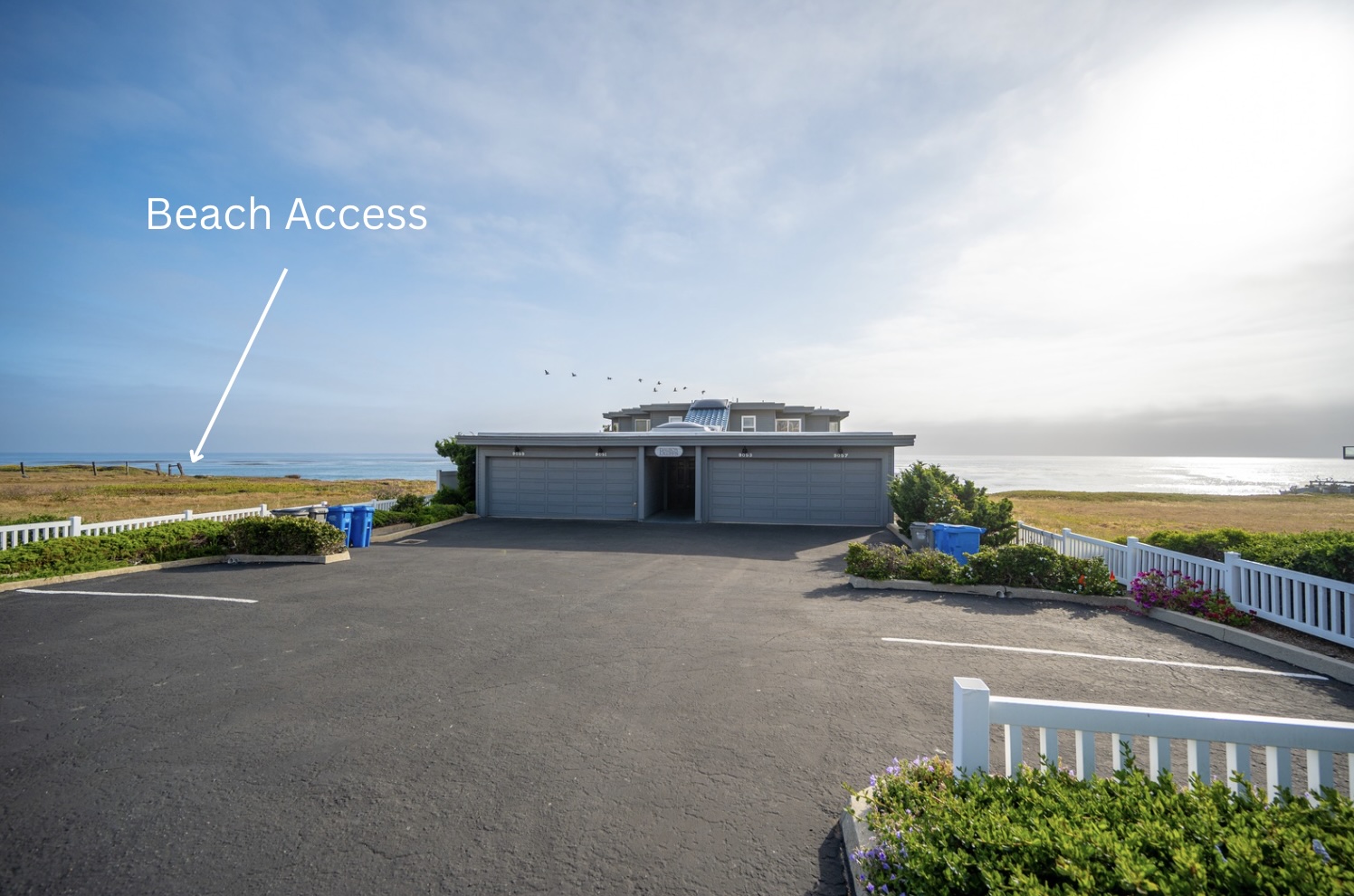 Location of beach access in relation to the building.