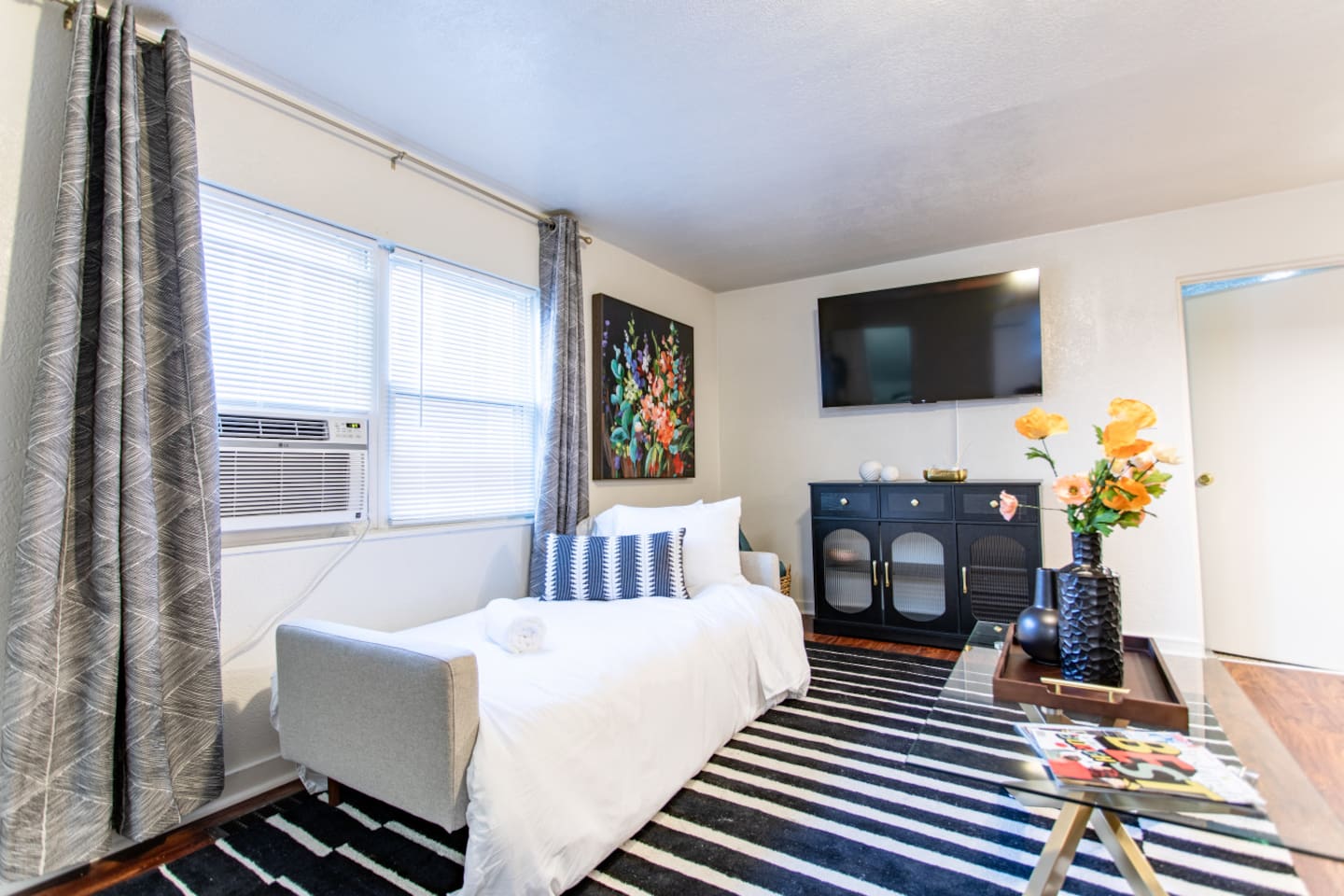 A cozy bedroom featuring a full sofa bed, offering flexible sleeping arrangements and a comfortable space for both lounging and resting.