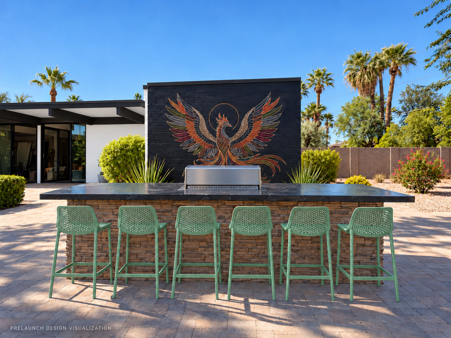 {Outdoor Kitchen } Fire up the grill, claim a stool, and toast to your Scottsdale getaway beneath our signature phoenix mural. Dinner at home just became part of the vacation.