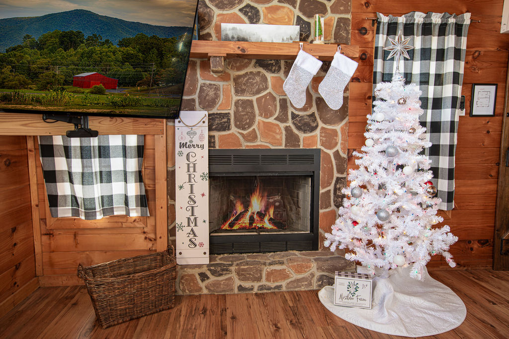 Relax by the fire with festive holiday decor.