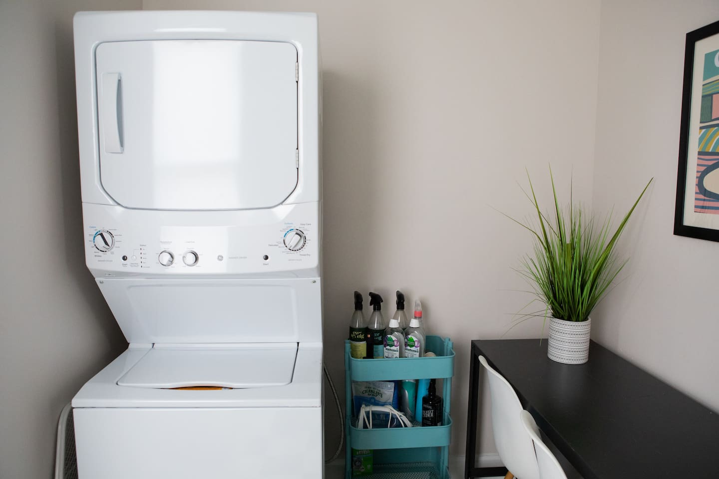 In-house washer and dryer on the main level with hypoallergenic laundry and cleaning essentials provided