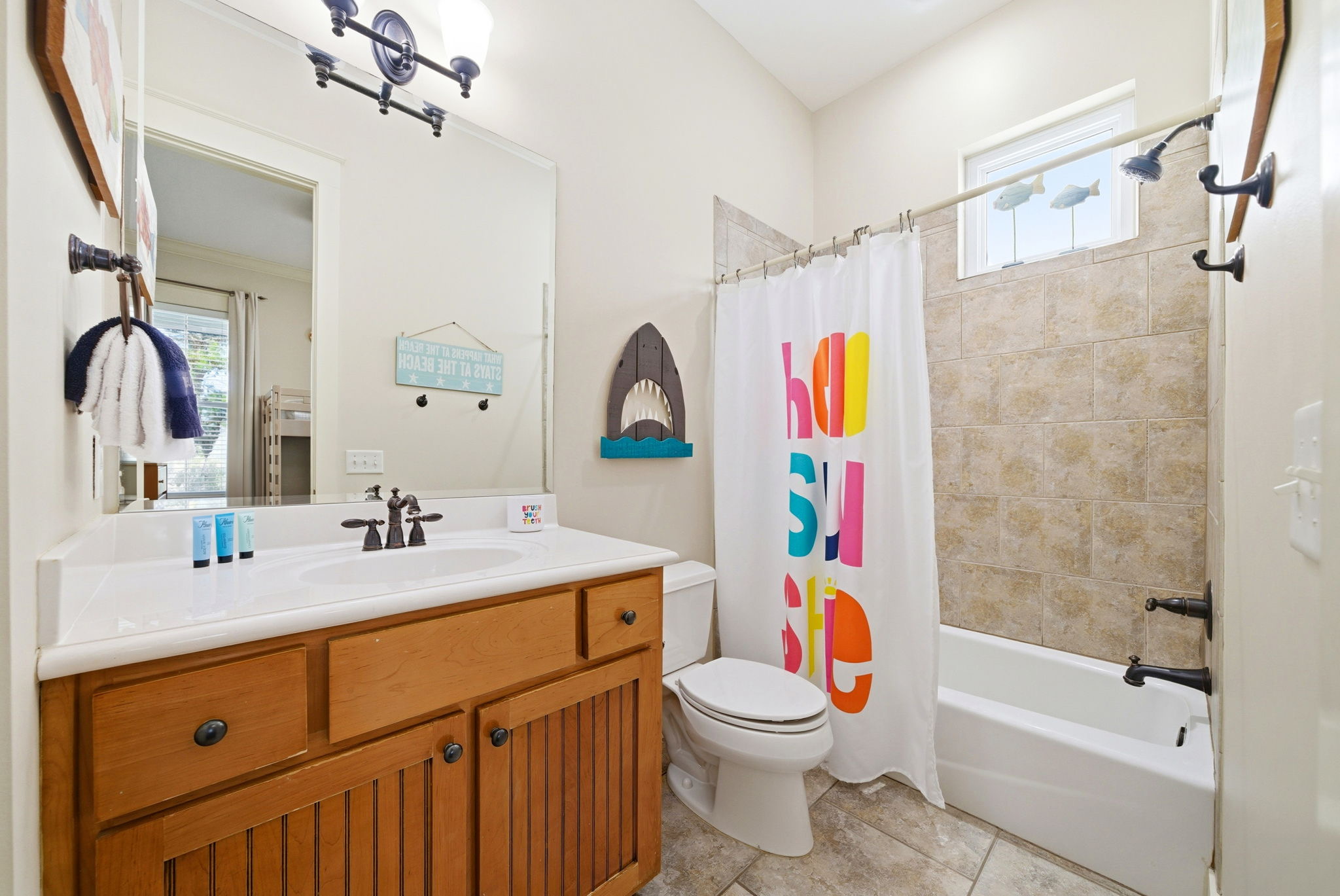 Bright and breezy kids' bathroom.