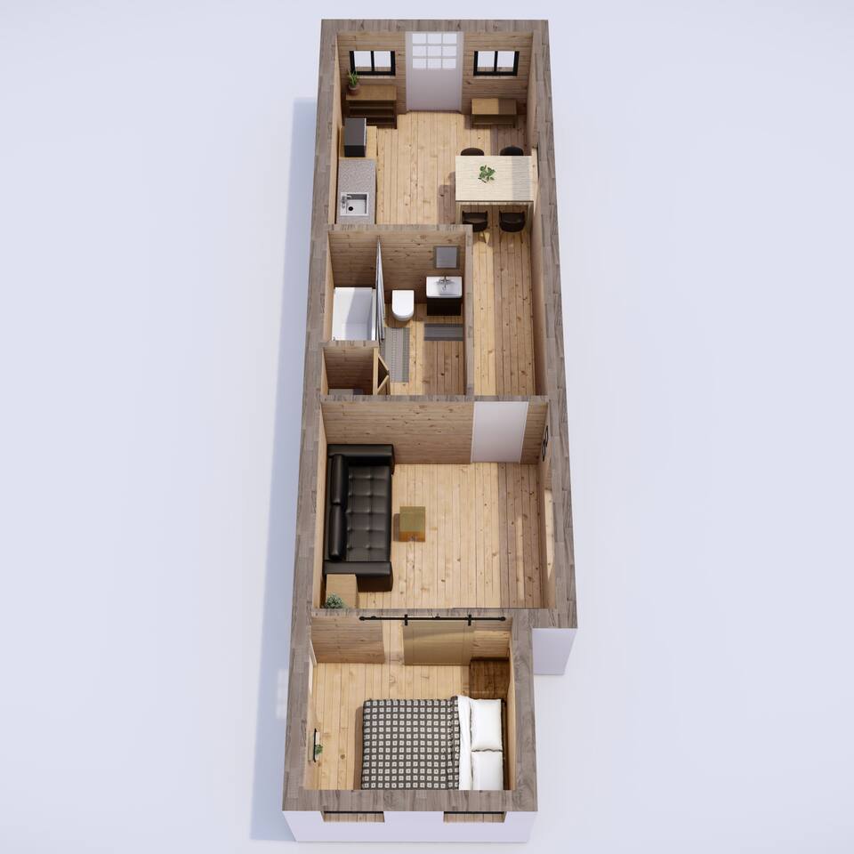 Tiny Elk 3D Floor Plan- 3D perspective from inside the queen bedroom looking through the living room toward the kitchen and dining space.
