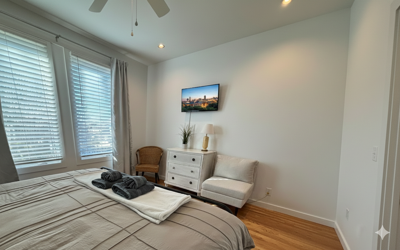 King Bedroom 1: Bright space with plush bedding, city views, and modern decor for your relaxation!