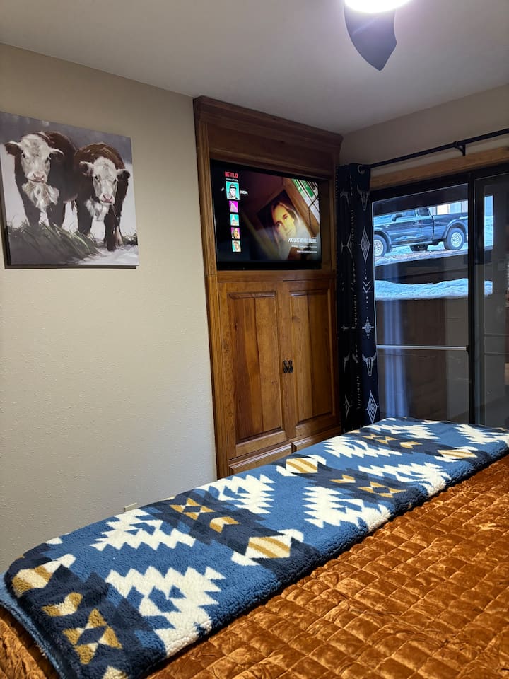 Primary Bedroom - Brand new 43 inch Smart TV and built in cabinet for clothing storage