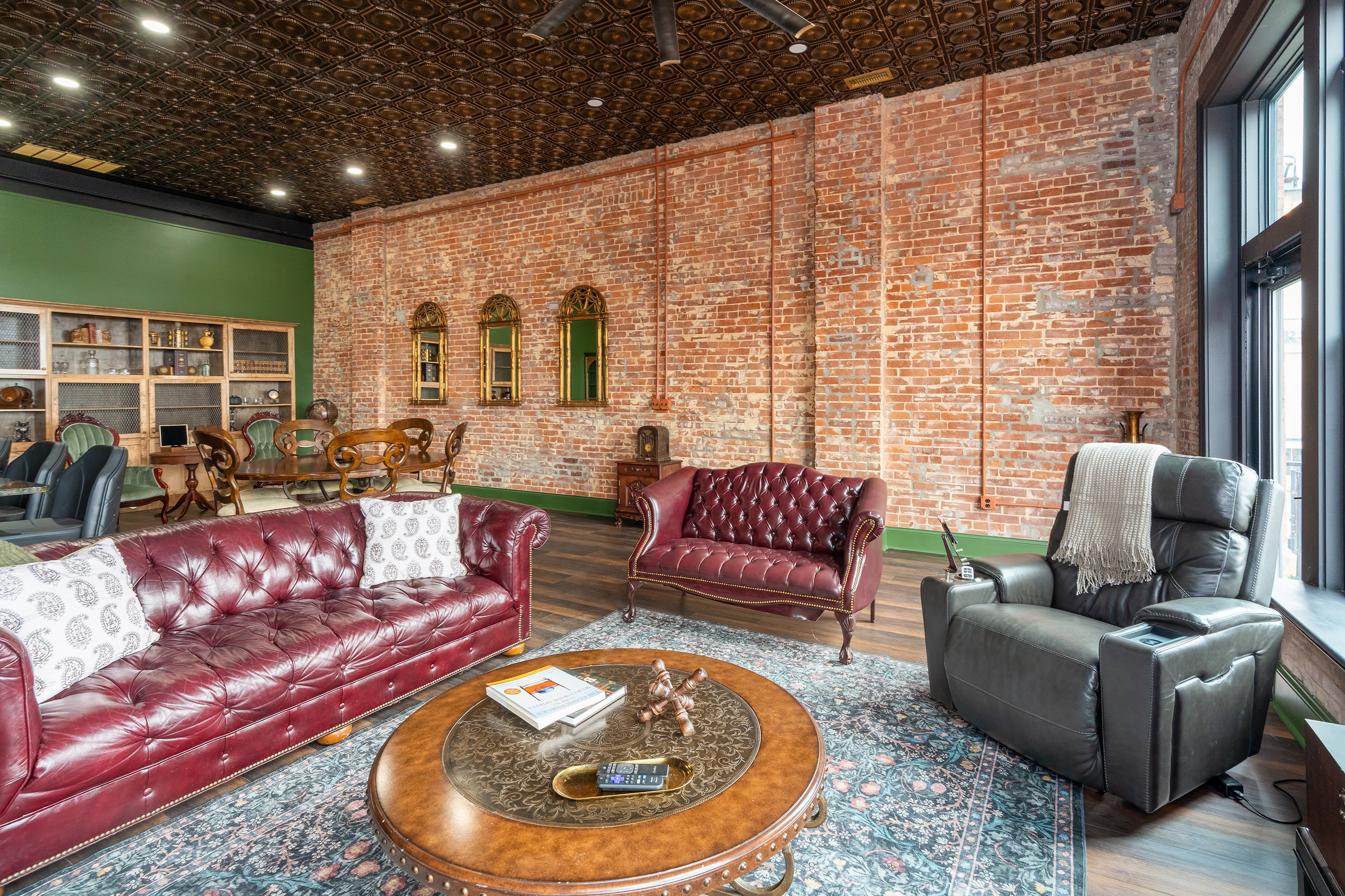 Recliner and leather seating in living room