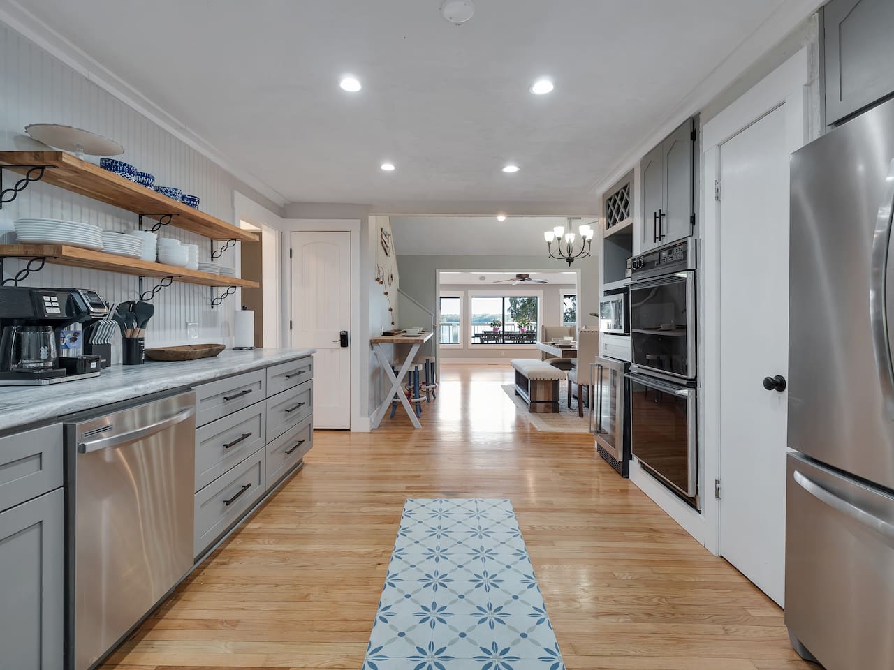 Gas range and oven, double electric oven, microwave, wine storage, icemaker