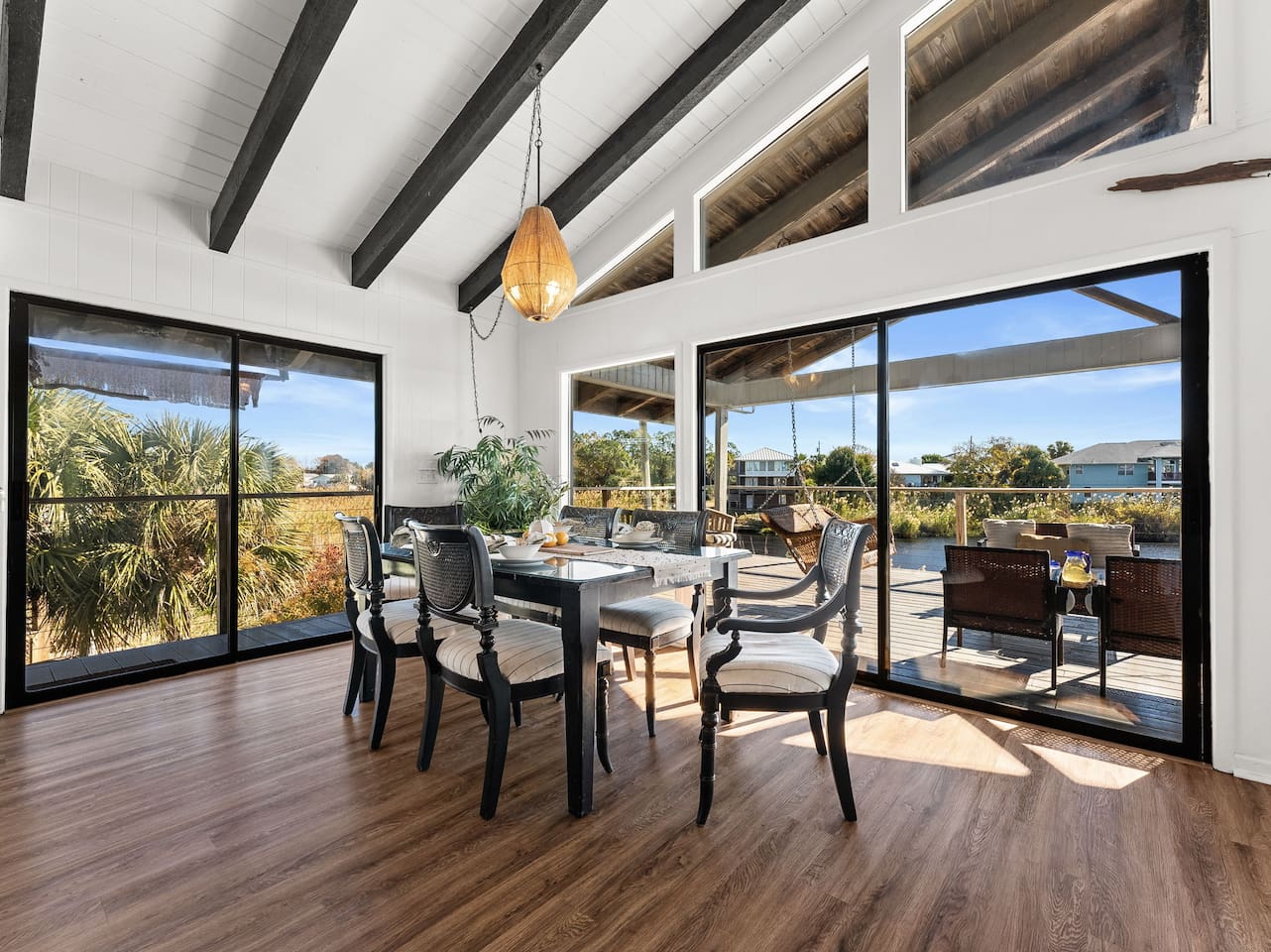 Enjoy stunning views of the lake from the dining area.