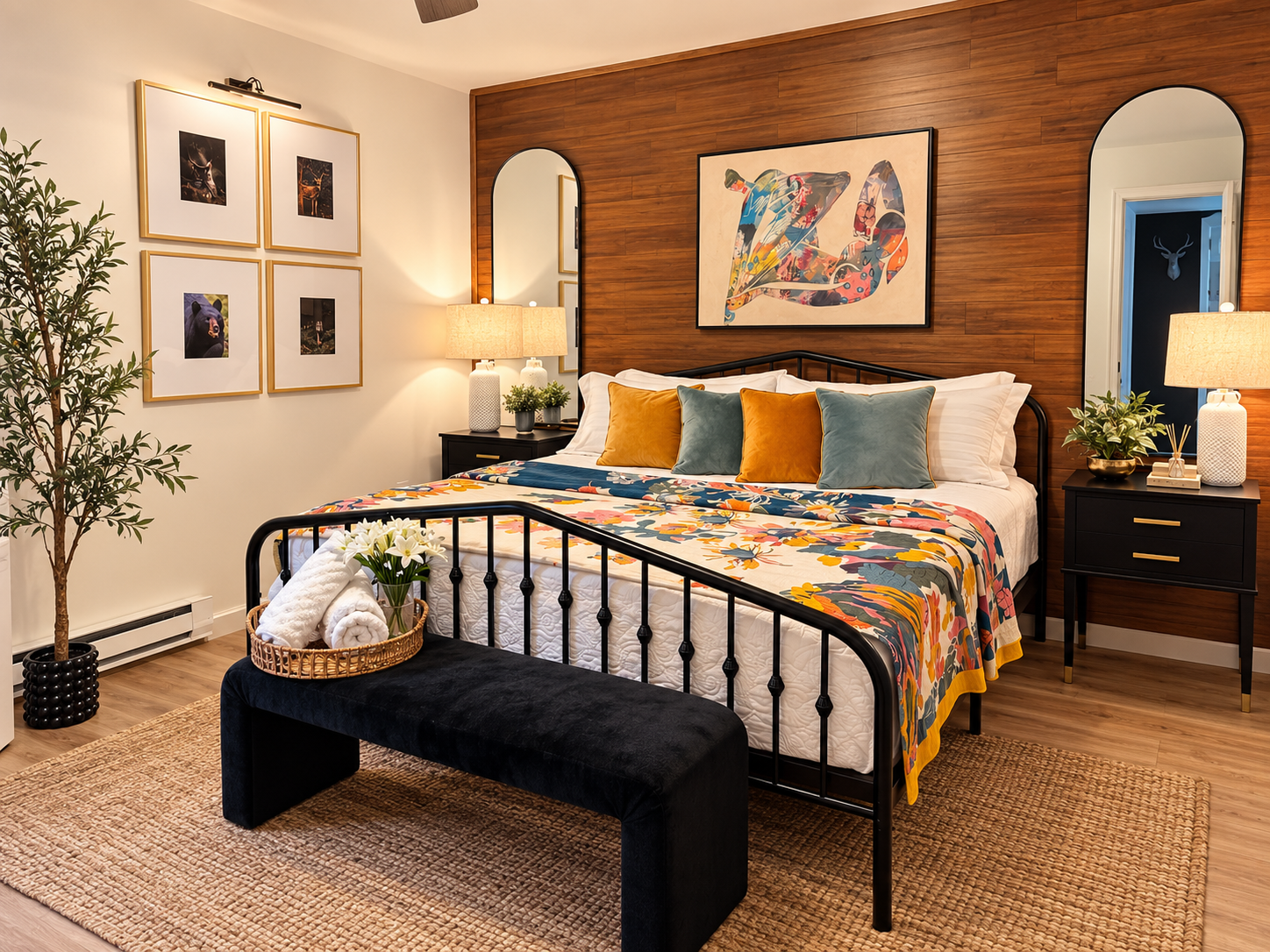 Bedroom 1 - Includes a king-size bed, Smart TV, and a cozy seating area. Conveniently located next to the bathroom with entry from the first-floor living room.
