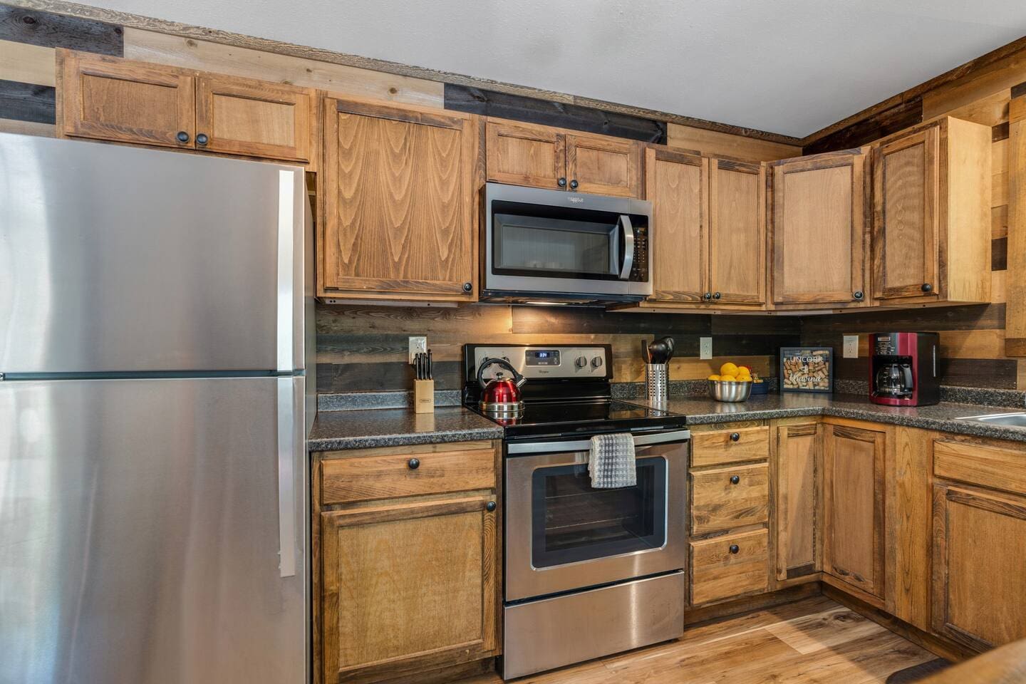 Kitchen has stainless steel appliances