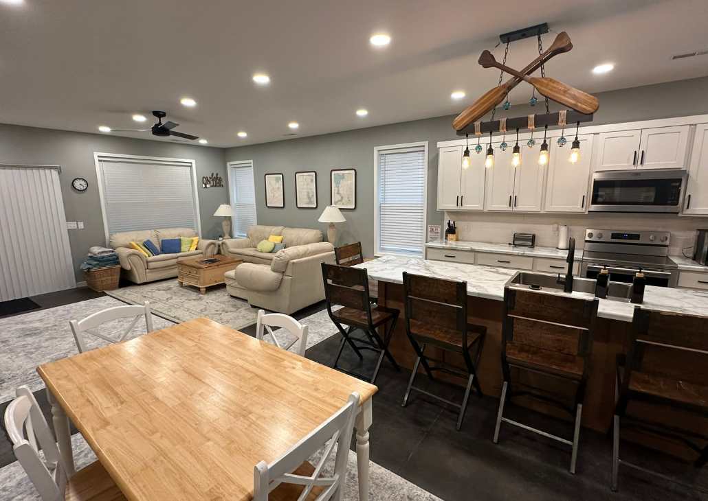NEW HOUSE: view into the spacious kitchen and dining area.