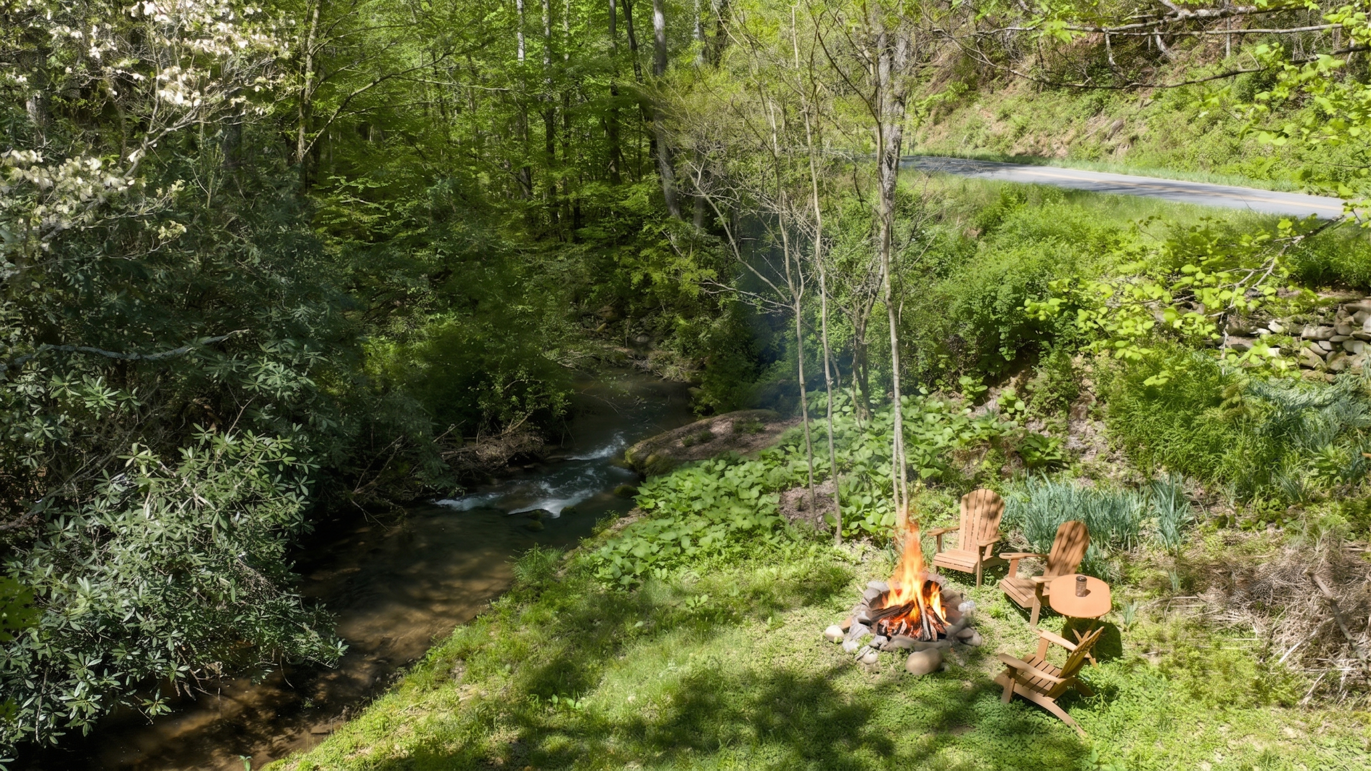 Creekside fire pit with the sounds of Yellow Creek in the background.