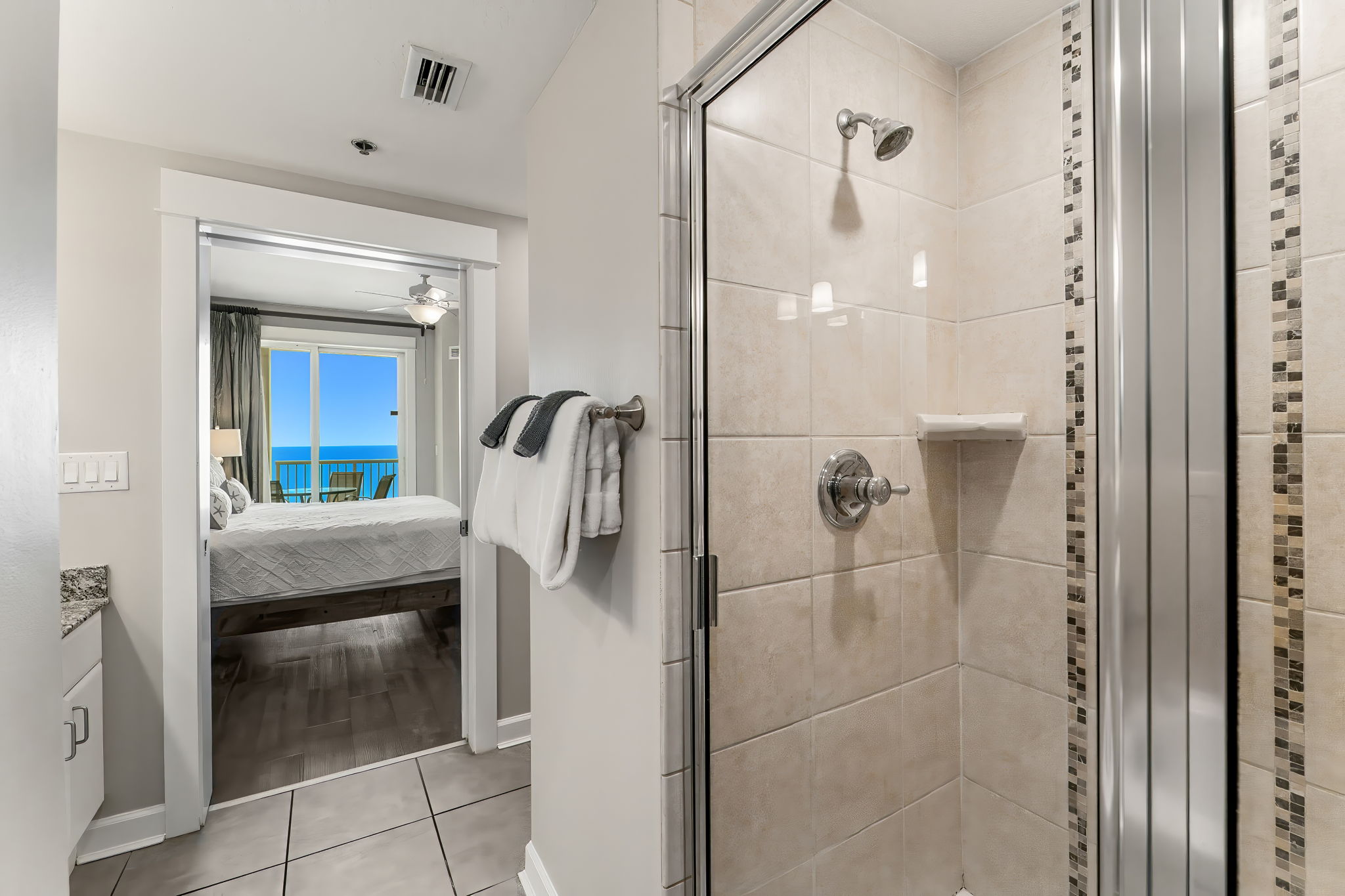 Separate tub and shower in master bathroom.