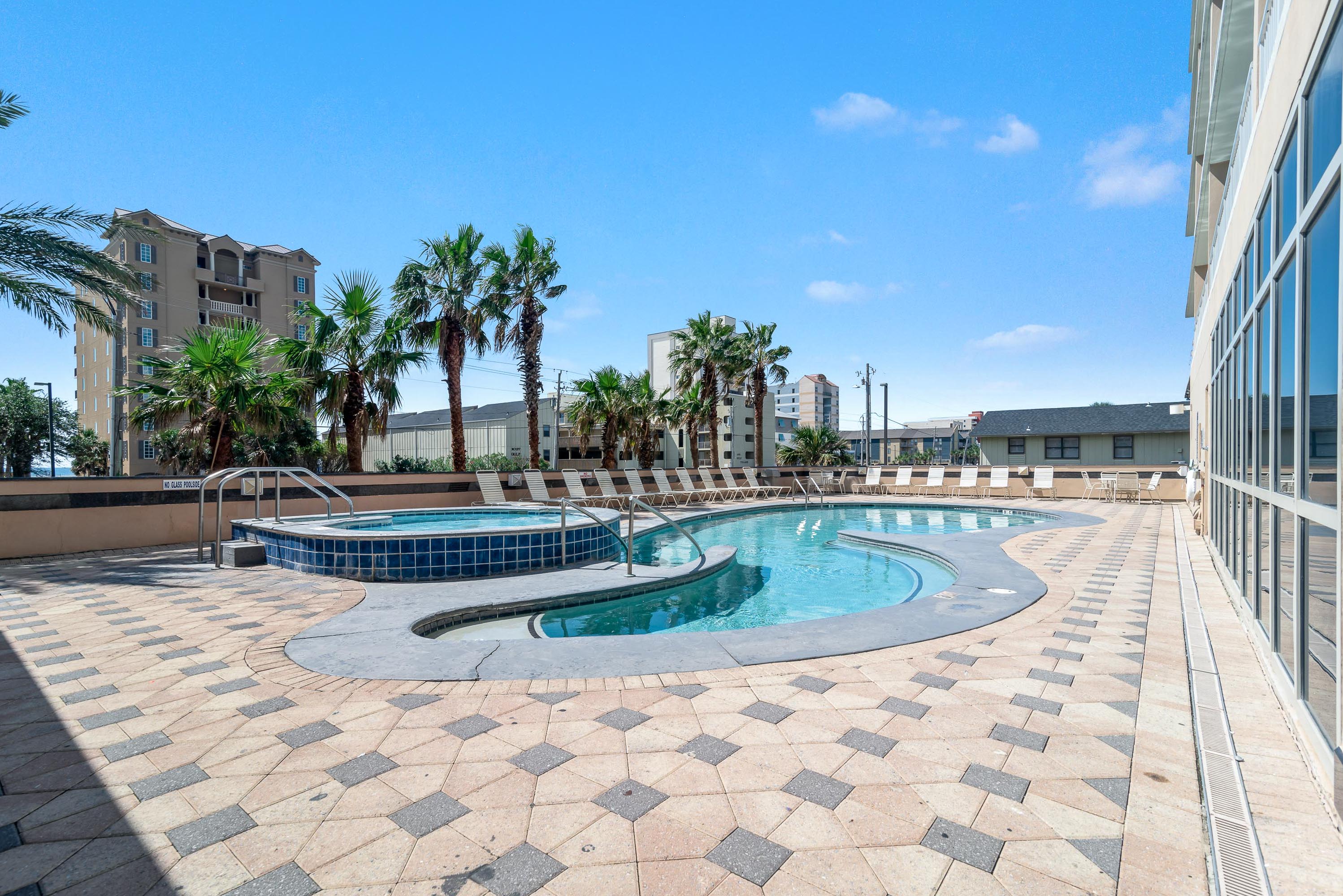 Enjoy the sun and relaxation at the Crystal Tower outdoor pool and hot tub. Conveniently located just across the street from the main building and easily accessible via the elevated, air-conditioned walkway, this amenity offers a refreshing escape.