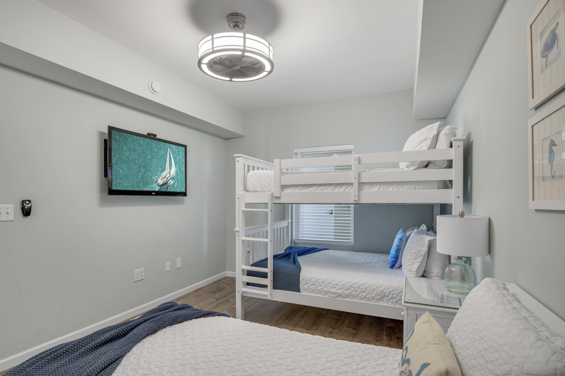 3rd bedroom has TWIN BED, FULL OVER FULL BUNK BEDS, Smart TV w/ cable, private bathroom, and closet